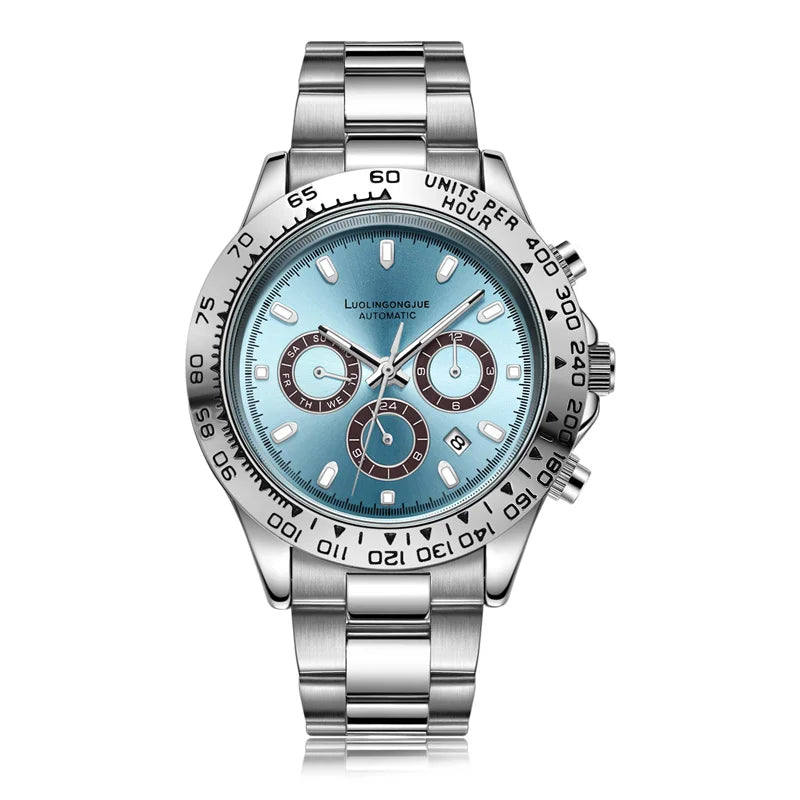 Mechanical business watch, sky blue dial, steel bracelet, multi-function subdials