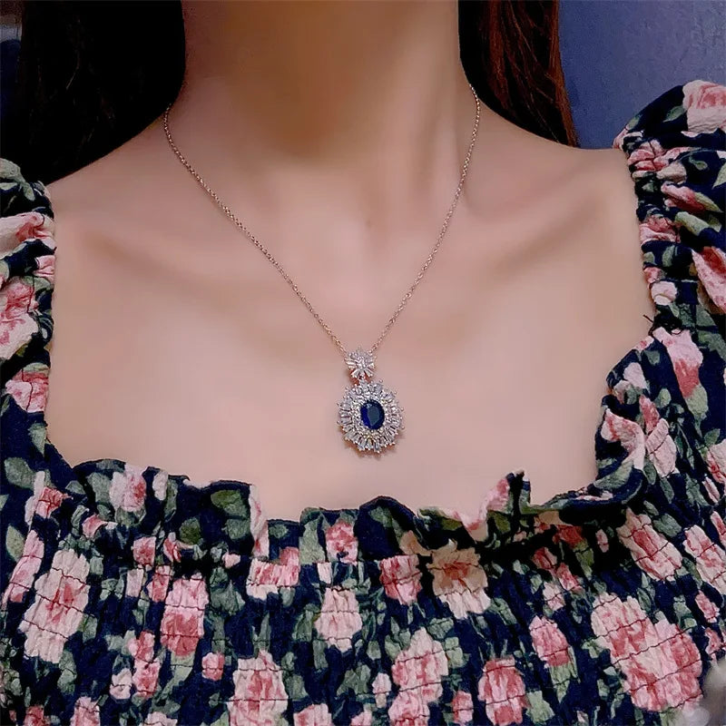 High-quality fashion Blue jewelry sets silver 925 full diamonds luxuriy elegant flower sapphire earrings for women necklace ring K's Collection Store