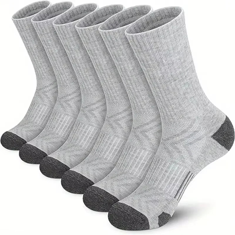 Men's solid gray crew socks with dark gray toe and heel, 6 pairs