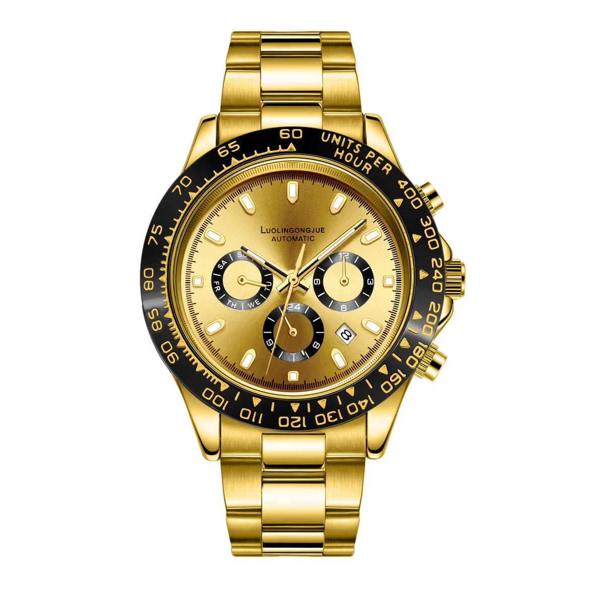 Men's mechanical business watch with gold bracelet and gold-toned multifunction dial