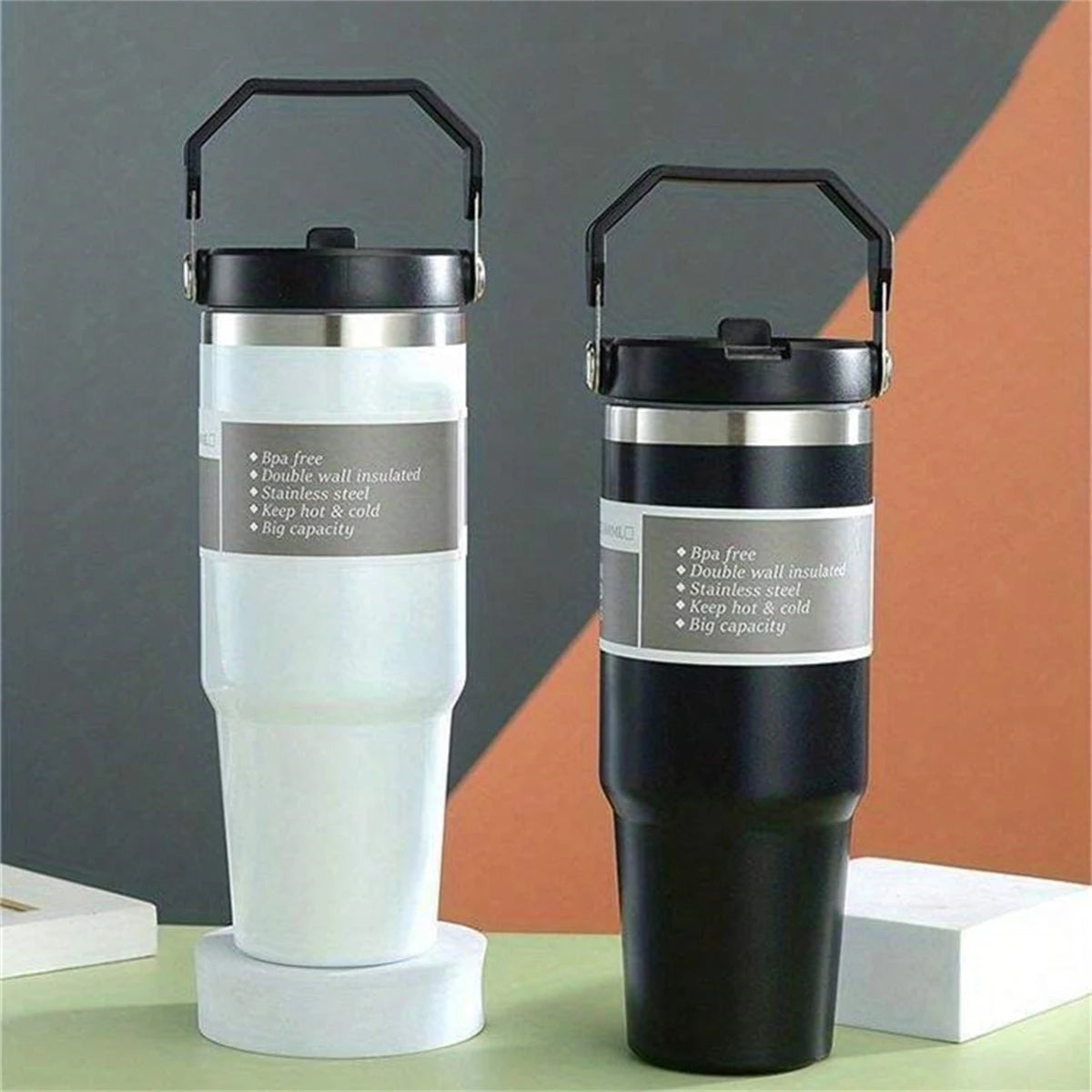1pc Vacuum Tumbler with Lid Stainless Steel Portable Water Bottle with Dazzling Handle Insulated Tumbler Tote Handle 20/30OZ K's Collection Store