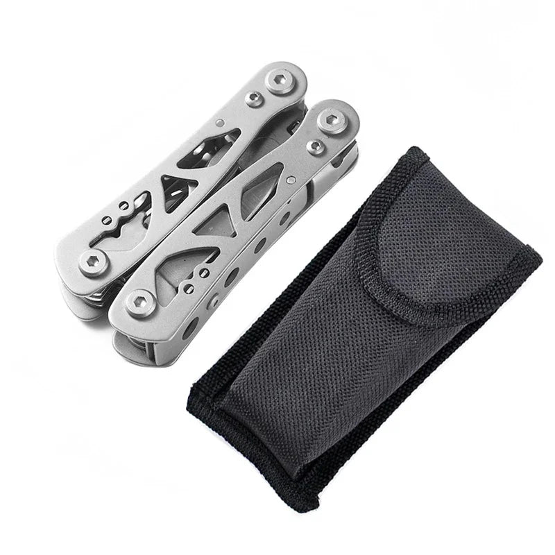 Silver multi-tool folding pocket knife with pliers and fabric storage pouch