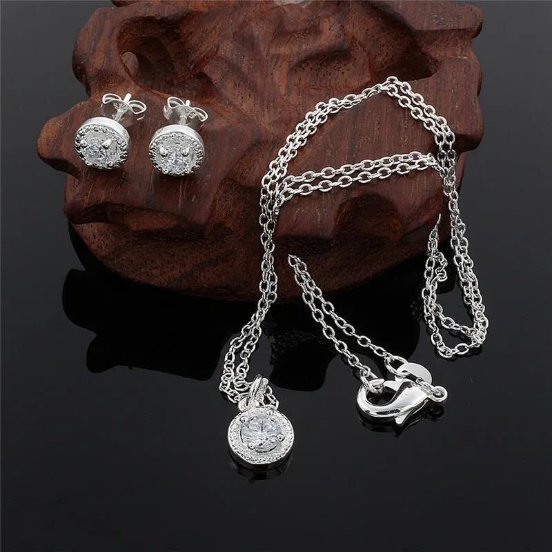 4pcs Jewelry Set Necklace Ring Earrings Female Models Light Luxury Style Brass With Zirconia Bright Silver Plated Jewelry K's Collection Store