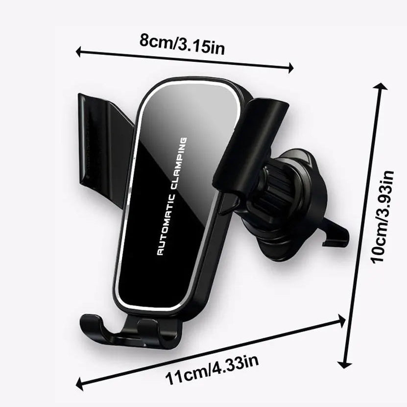 Black universal phone holder air vent clamp with size dimensions shown