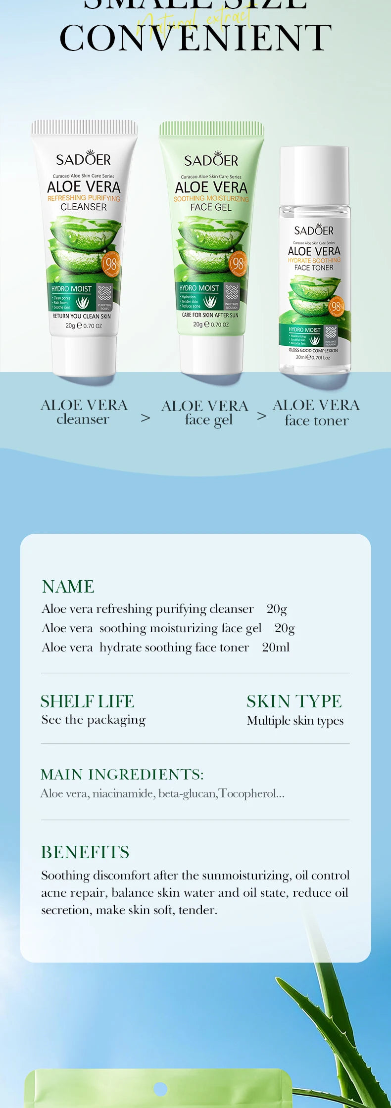Aloe vera facial skincare set with cleanser, gel, and firming cream bottles