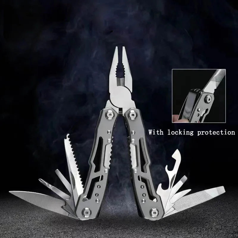 Folding pocket multi-tool with pliers and multiple folding blades, silver and black