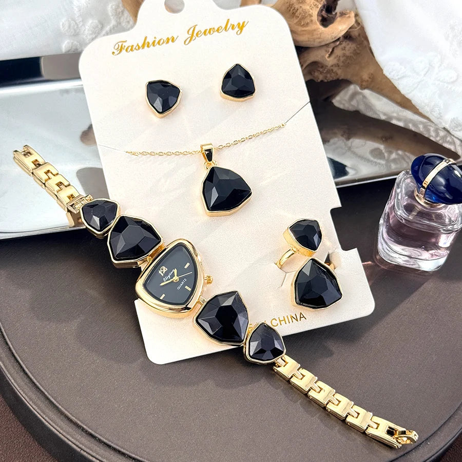 Luxury Ladies Quartz Watch  Colorful Diamond Irregular Shape Necklace Ring Earrings Jewelry Set Four-Piece Gift Set Trendsetter K's Collection Store
