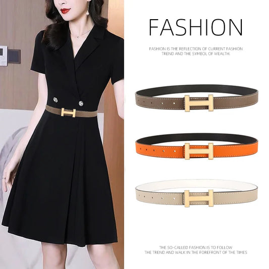 Women's leather belt in black with gold-tone H buckle and punched holes