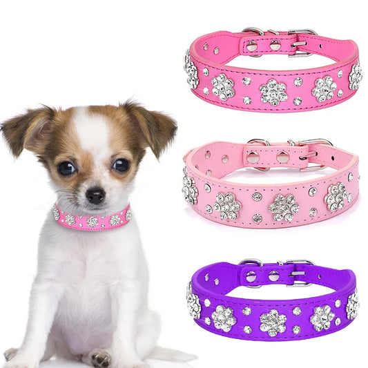 Luxury Rhinestone Plum Blossom Pet Collar | Shiny Crystal Dog & Cat Necklace | Comfortable PU Leather Adjustable Collar for Smal K's Collection Store