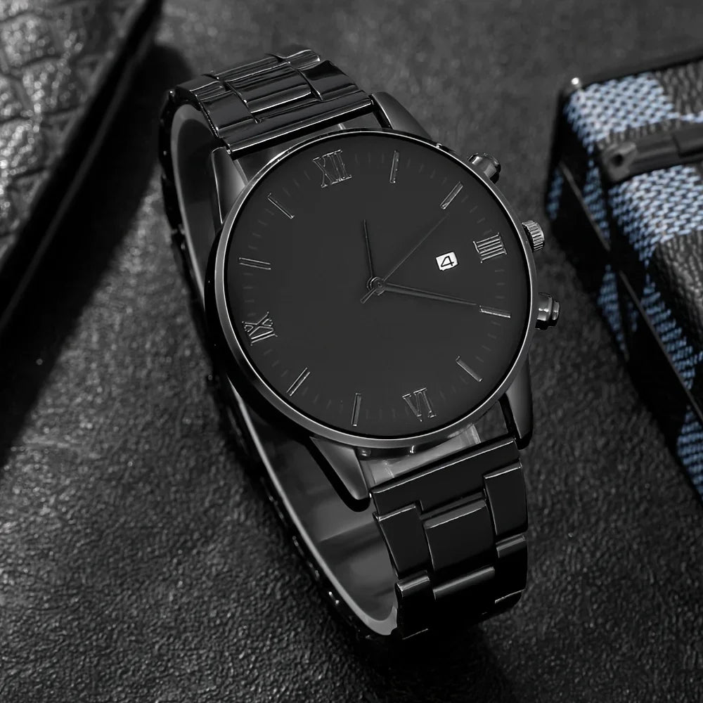 Men's Black Minimalist Quartz Watch Set with Link Necklace & Ring K's Collection Store
