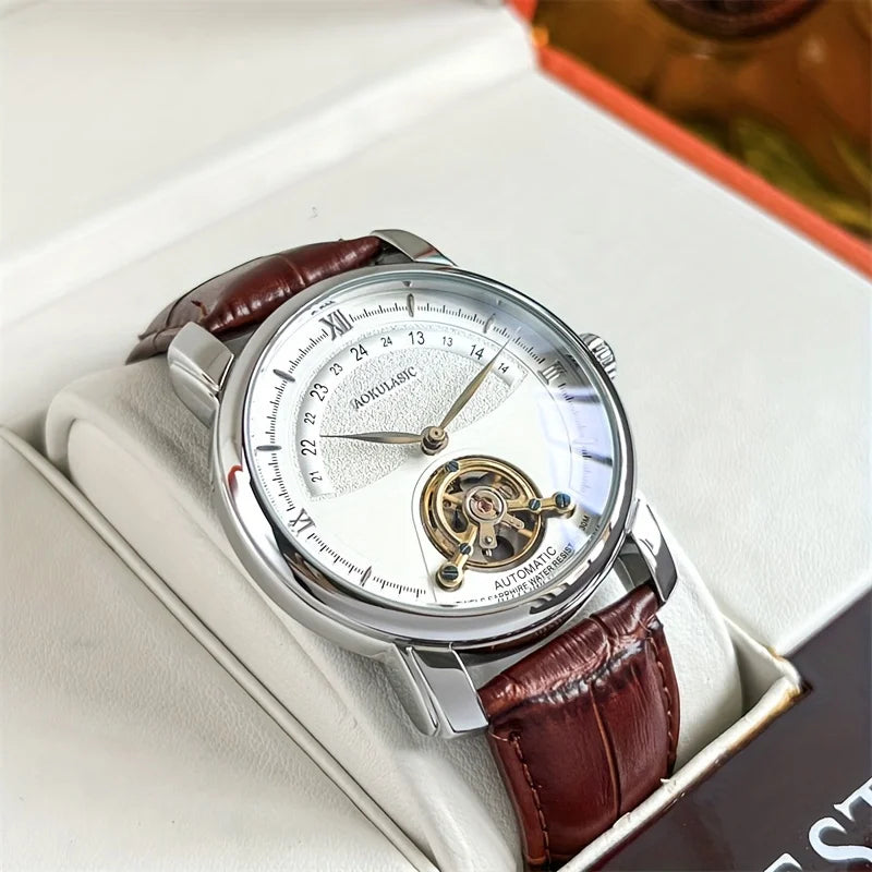 Men's automatic mechanical watch with textured white dial, gold movement, brown leather strap