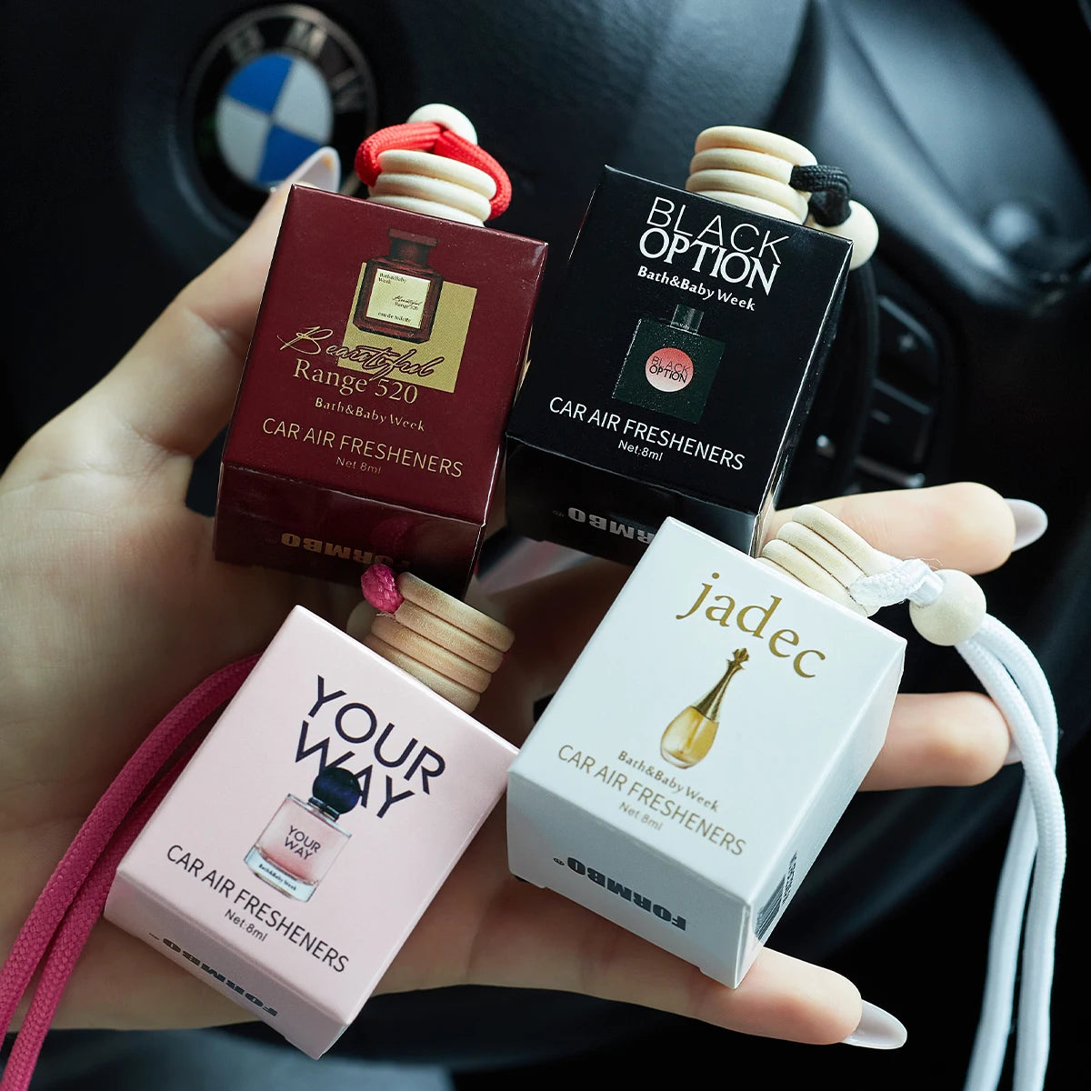 Handheld car air freshener boxes: Range 520, Black Option, jadec, and Your