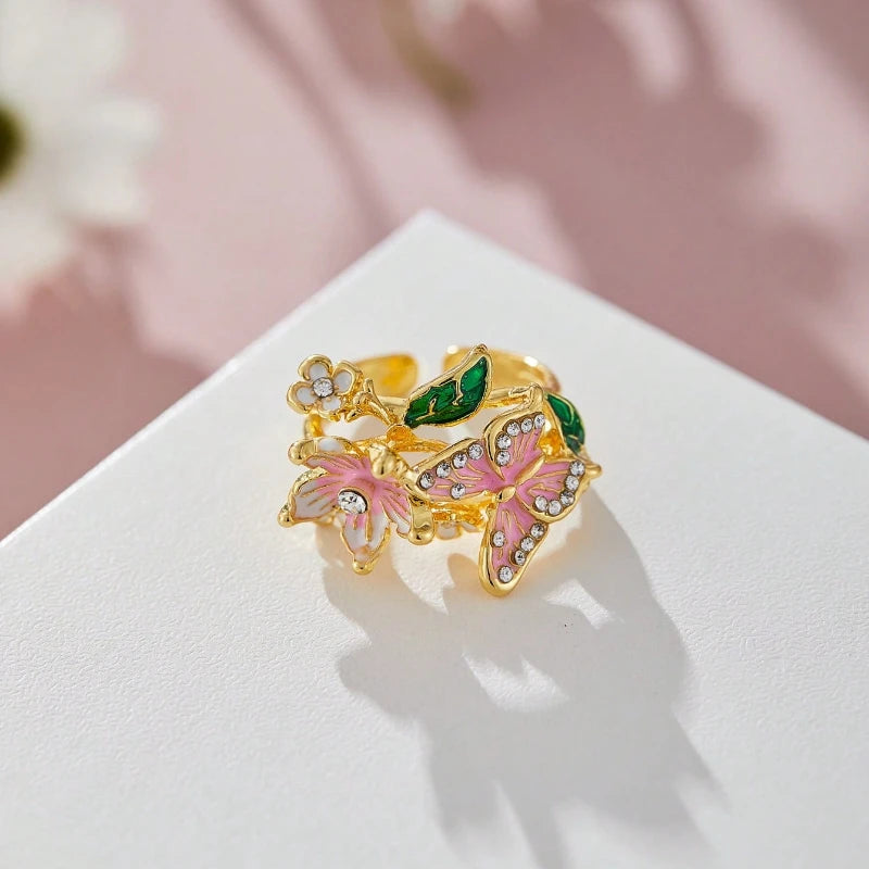 Aesthetic Flower Butterfly Rings for Female Romantic Rhinestone Stylish Non-fading Opening Ring Women Wedding Jewelry Party Gift K's Collection Store