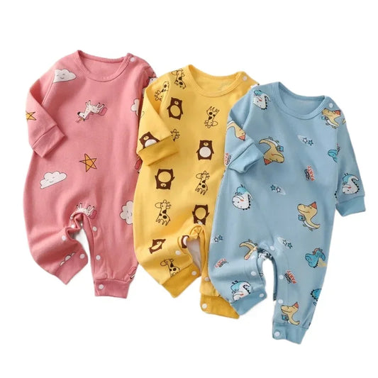 Newborn cotton romper set, pink, yellow, and light-blue with animal prints