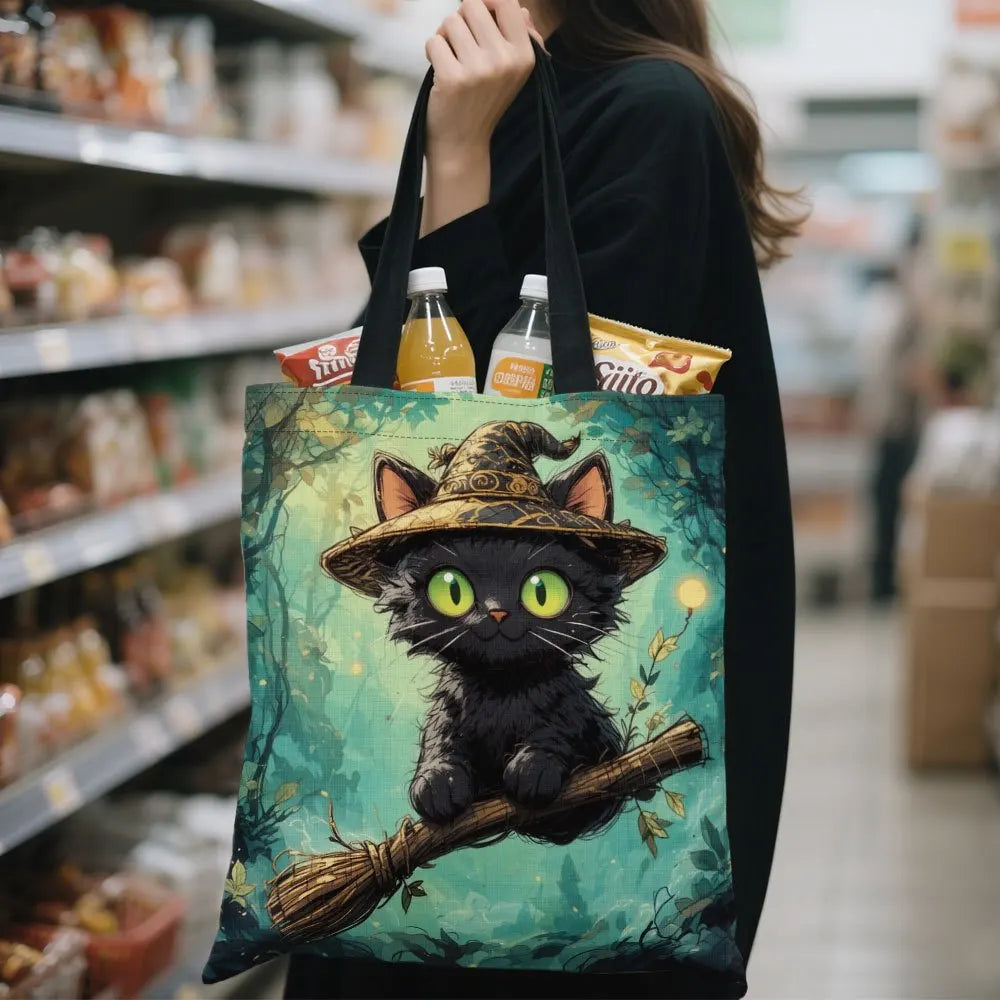 1pc Halloween Witch Cat Tote Bag  Reusable Grocery Handbag with Witch Hat Polyester Shopping Holiday Festivities Shoulder Bag K's Collection Store