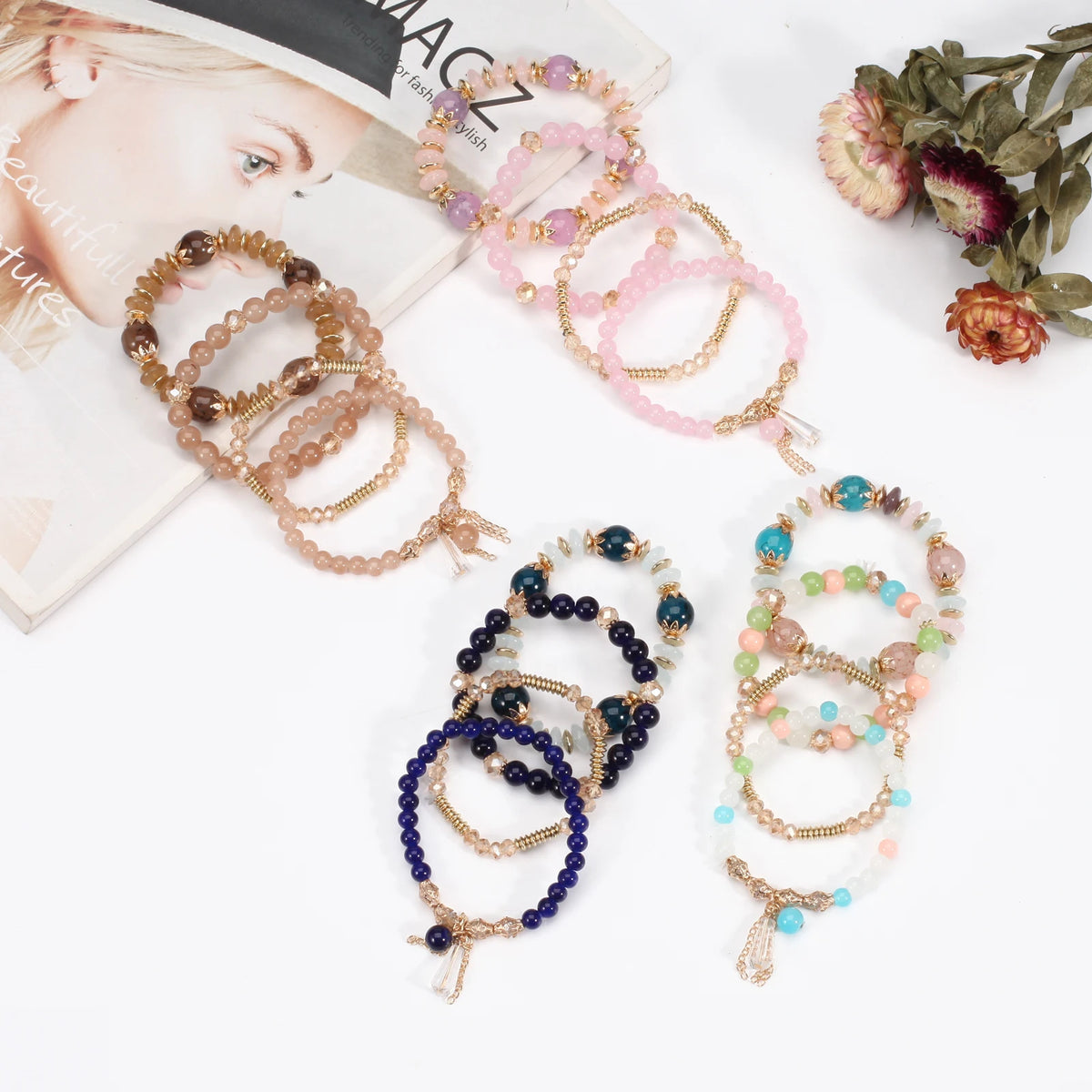 Bohemian Stackable Bead Bracelets for Women Multilayered Bracelet Pendant Charm Stretch Bangles K's Collection Store