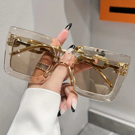 Square fashion glasses with champagne-gold frame and clear lenses