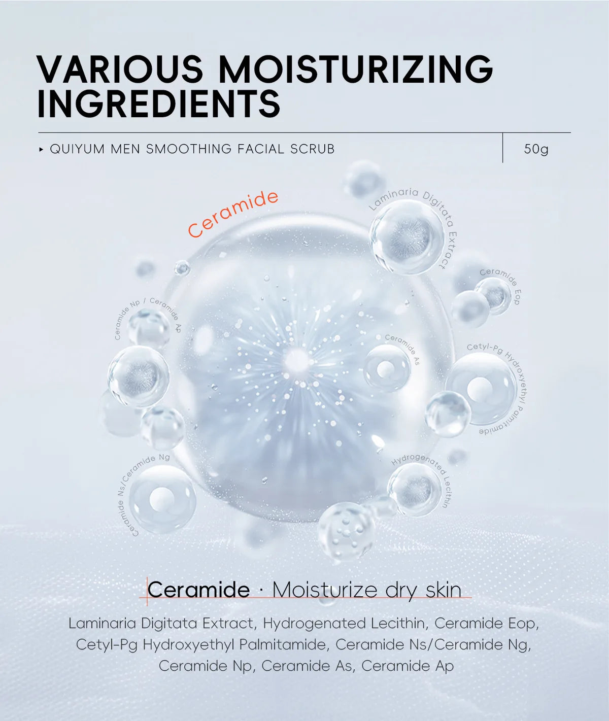 Men's facial scrub product concept with a gel drop and bubbles, 50 g