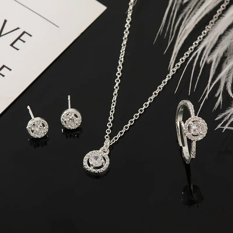 4pcs Jewelry Set Necklace Ring Earrings Female Models Light Luxury Style Brass With Zirconia Bright Silver Plated Jewelry K's Collection Store