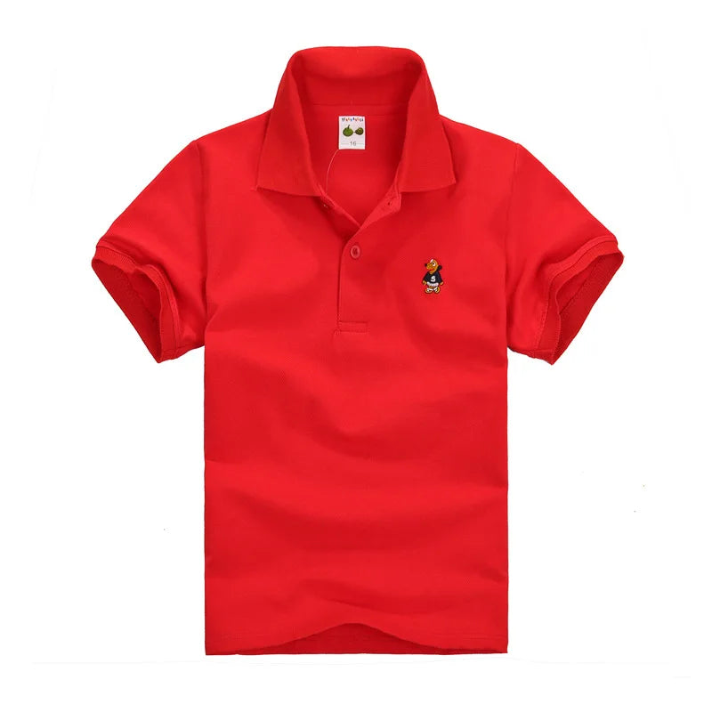 Boys red short-sleeve polo shirt with small cartoon chest logo