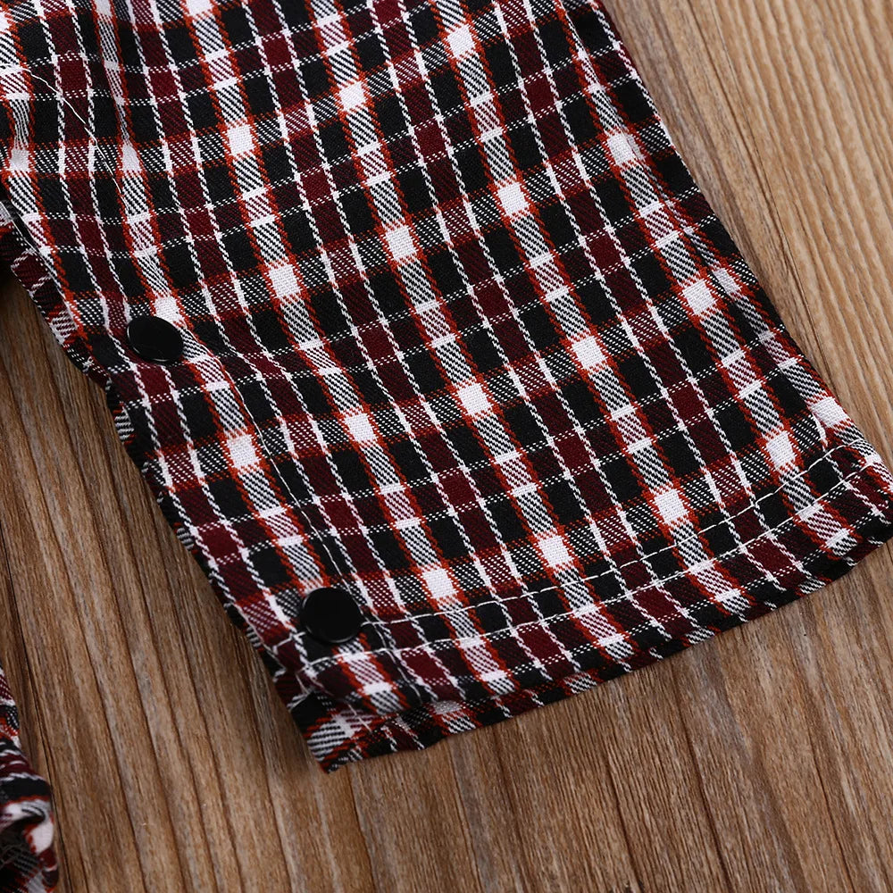 Infant boy plaid suit romper shorts with button cuffs, dark red and cream check