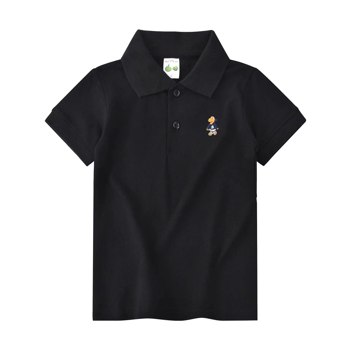 Boys short-sleeve polo shirt, black with button placket and small chest logo