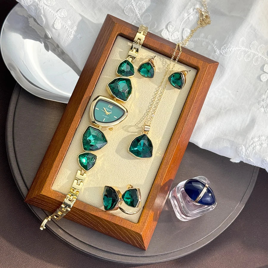 Luxury Ladies Quartz Watch  Colorful Diamond Irregular Shape Necklace Ring Earrings Jewelry Set Four-Piece Gift Set Trendsetter K's Collection Store