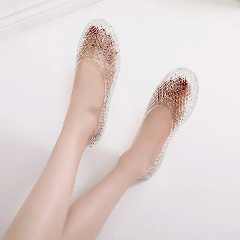 Clear jelly flats with textured grid upper, slip-on