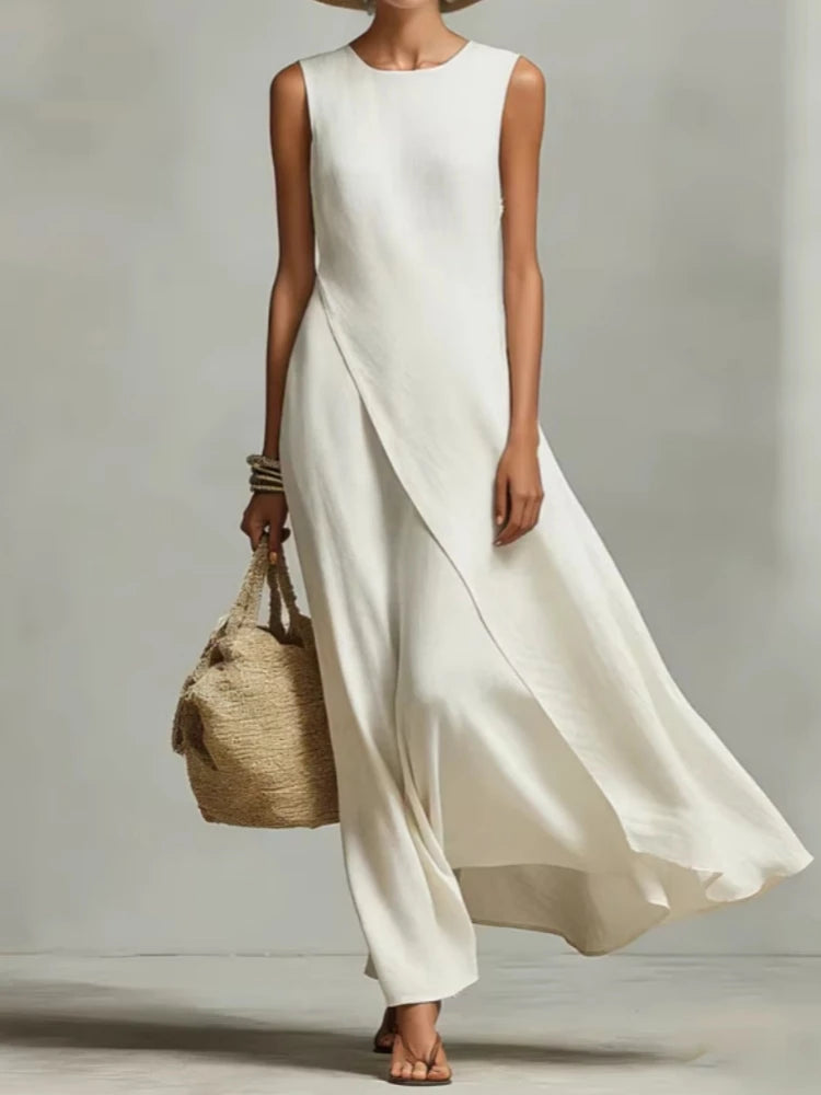 Light cream sleeveless maxi dress with draped front wrap and high-low hem