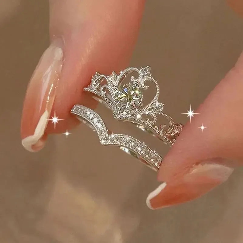 2PCS Fairy Sparkling Crown Rings for Women Teen Crystal Korean Adjustable Silvery Anniversary Gift Party Queen Ring Set Jewelry K's Collection Store