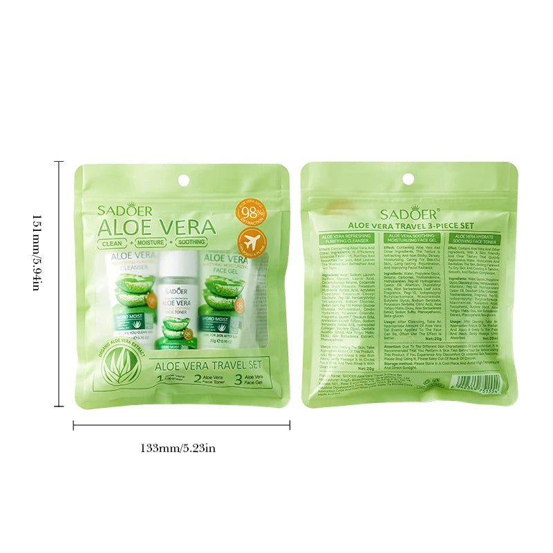 SADOER Aloe Vera travel set pouch back with ingredient panel and size measurements