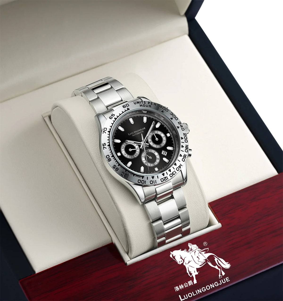 Men's mechanical business watch with silver bracelet and black multifunction dial, gift box view