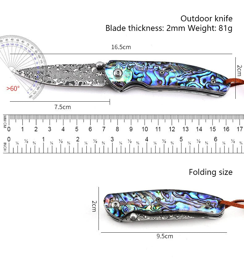 Damascus steel folding knife with iridescent blue handle shown with blade and folded size