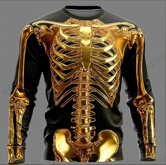 Halloween Mens Metallic Skeleton 3D Printed Tshirt Men Women Fashion O-Neck Long Sleeve T-shirt Exaggerated Casual Tops Tees New K's Collection Store