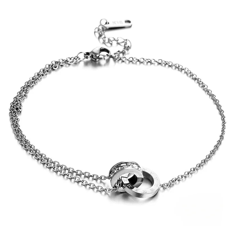 Classic Charm Full Zircon Roman Numeral Double Rings Cross Bracelet for Women Exquisite Stainless Steel Colorfast Bangle Jewelry K's Collection Store