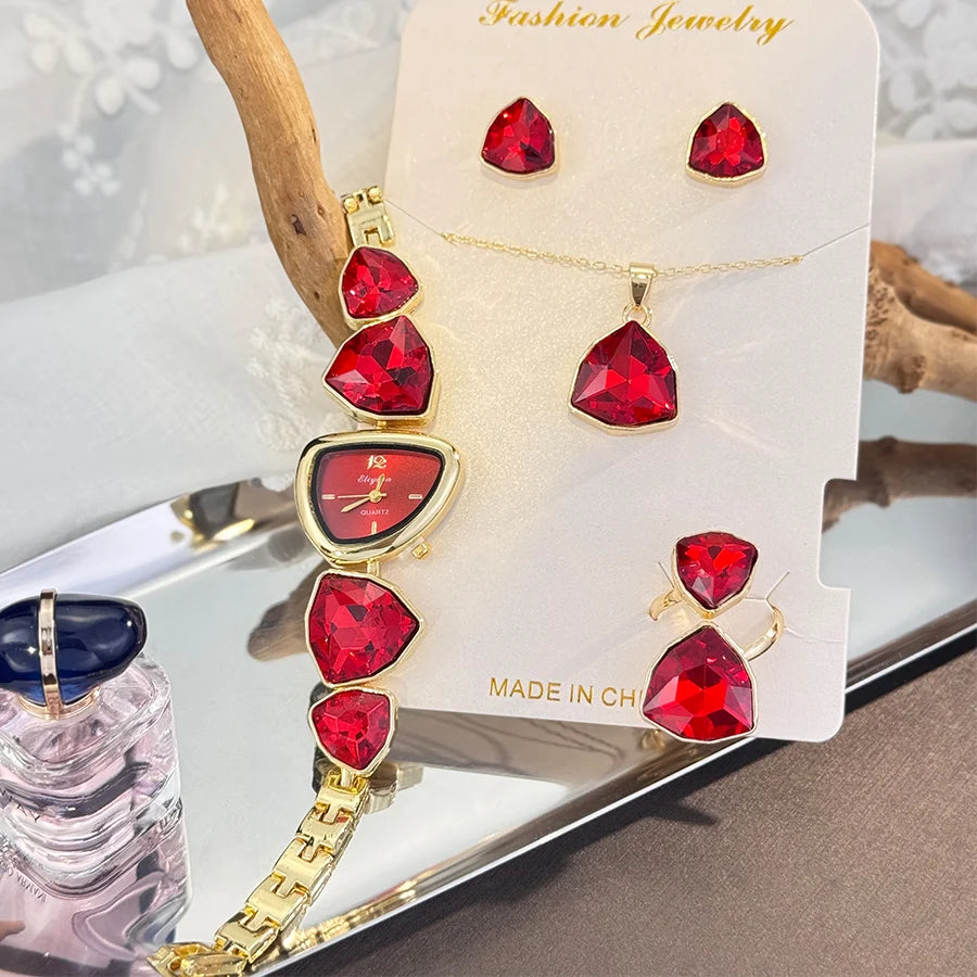 Luxury Ladies Quartz Watch  Colorful Diamond Irregular Shape Necklace Ring Earrings Jewelry Set Four-Piece Gift Set Trendsetter K's Collection Store