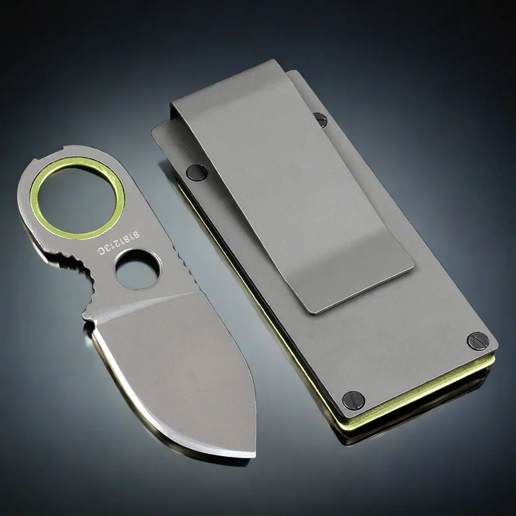 Pocket knife keychain with stainless clip case and green key ring