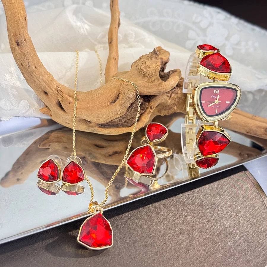 Luxury Ladies Quartz Watch  Colorful Diamond Irregular Shape Necklace Ring Earrings Jewelry Set Four-Piece Gift Set Trendsetter K's Collection Store