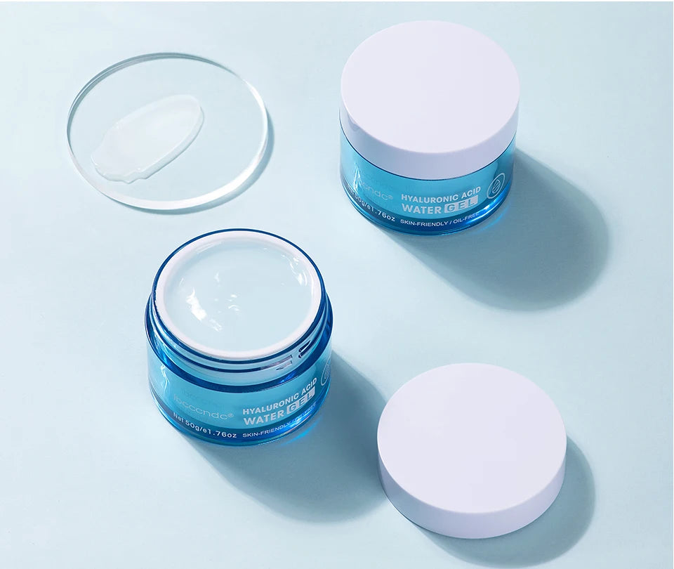 Two gel containers with white lids and blue bases, top-down view