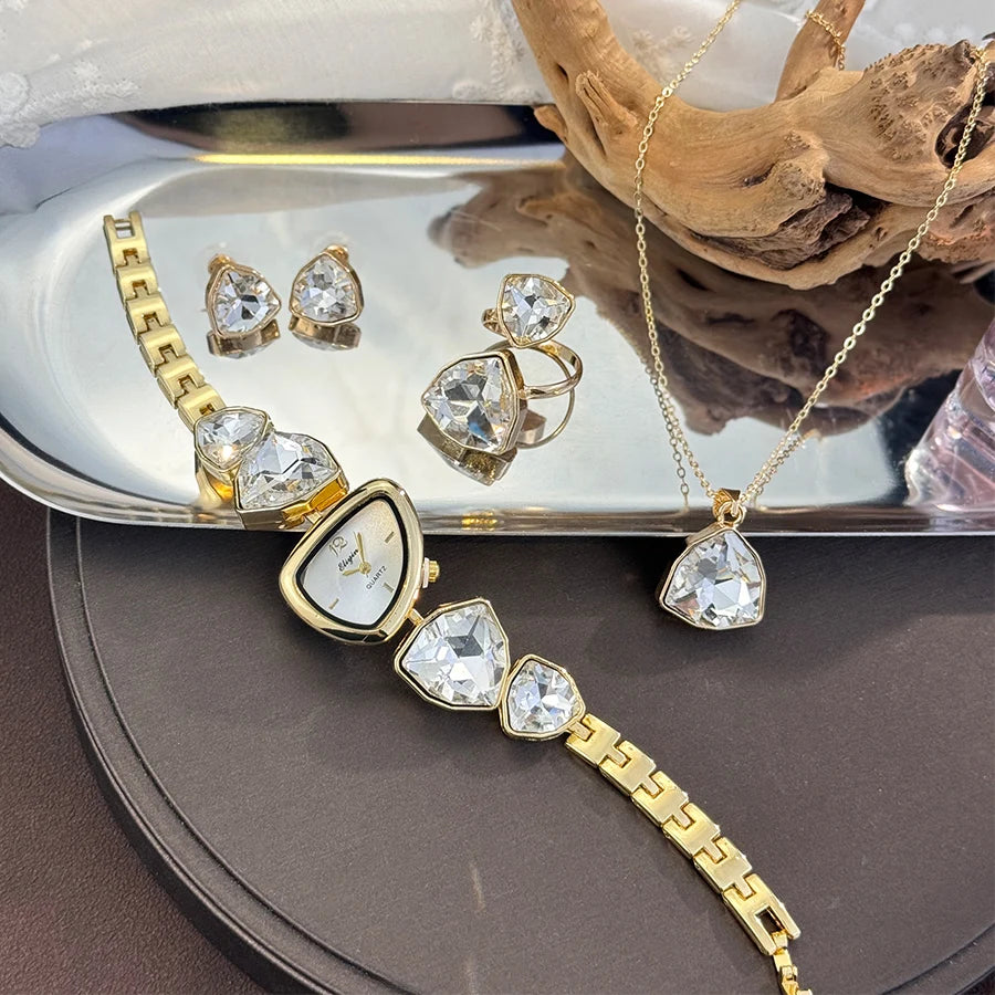 Luxury Ladies Quartz Watch  Colorful Diamond Irregular Shape Necklace Ring Earrings Jewelry Set Four-Piece Gift Set Trendsetter K's Collection Store