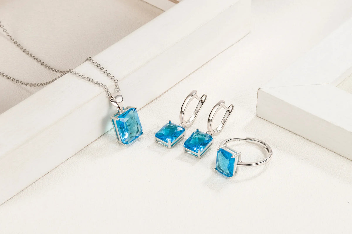 925 Sterling Silver  Elegant Jewelry Sets Ring Earrings Necklace For Women Rectangle Geometry Zircon Wedding Accessories K's Collection Store