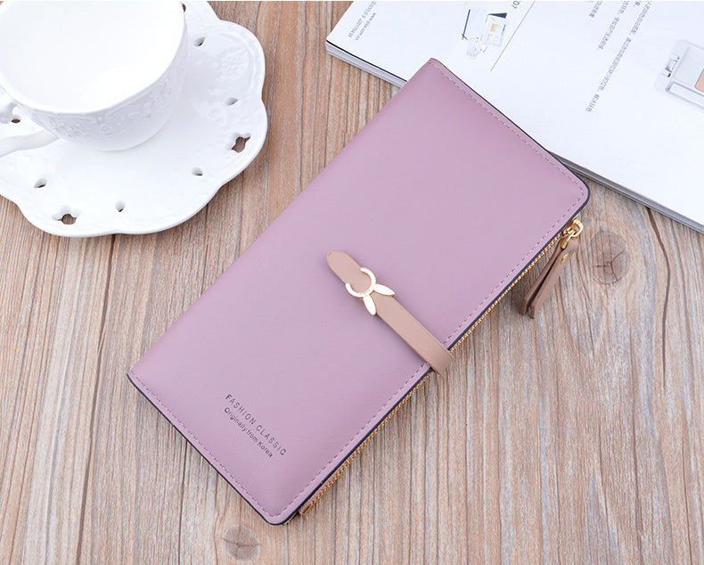 Long wallet purse, purple with flap and bow clasp, gold zipper hardware