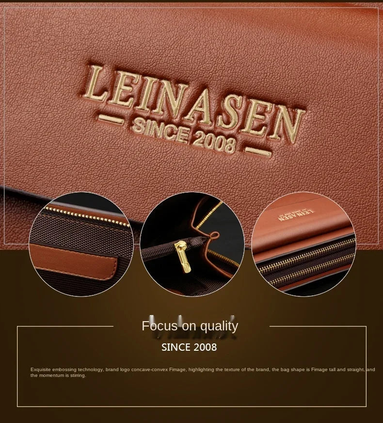 Brown leather wallet close-up with LEINASEN embossed logo, texture, and zipper details