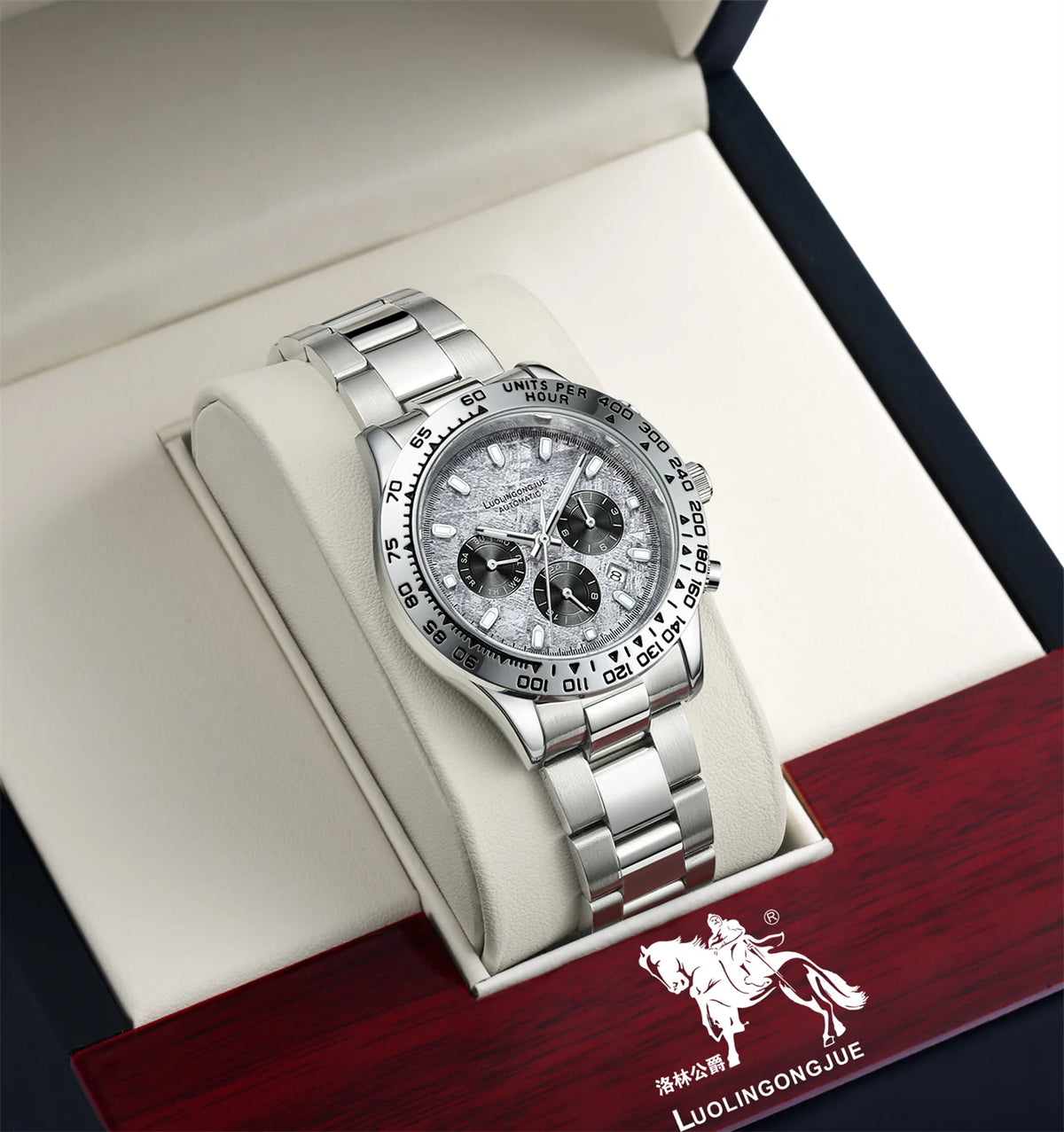 Men's mechanical business watch with silver bracelet and gray multifunction dial, gift box view