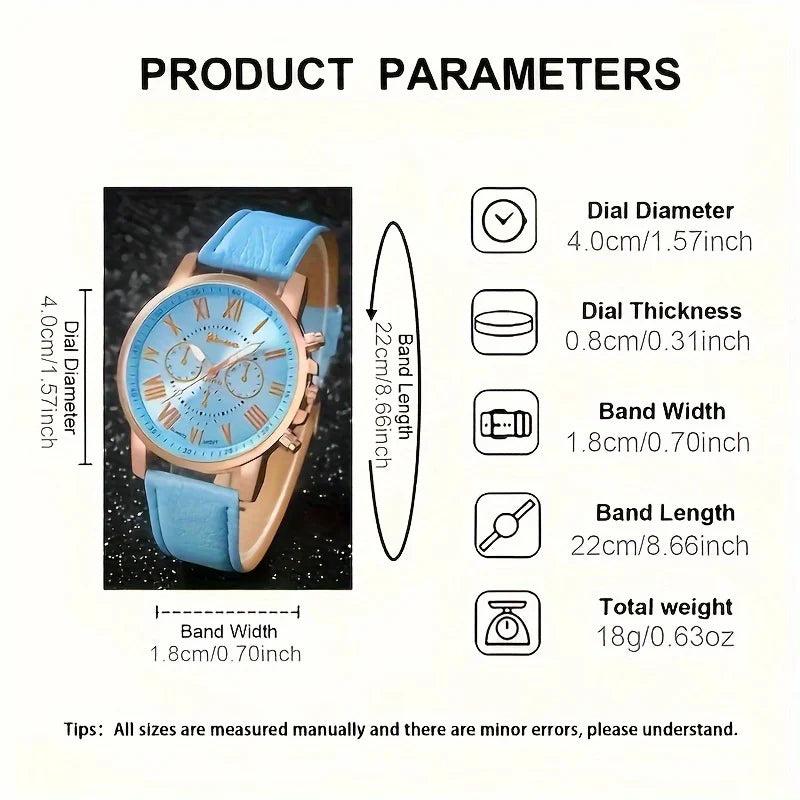 Fashion Quartz Watch and Jewelry Set, Shock Resistant Circular Analog Digital Display, PU Leather Strap, Zinc Alloy Case K's Collection Store