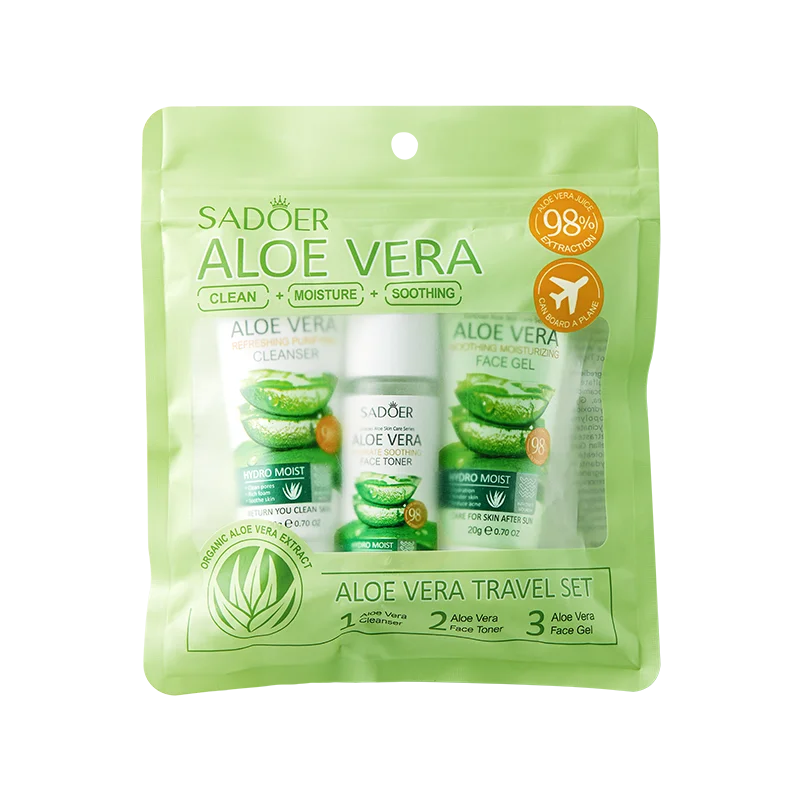 SADOER Aloe Vera travel set pouch with three face-care pieces, clean and soothing