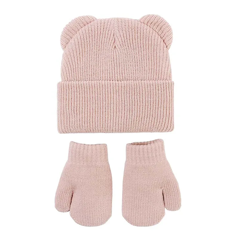 Winter Kids Hat Gloves Set Cute Bear Ear Beanie for Boys Girls Warm Kintted Earflap Hats Solid Color Mittens 6M-3Y K's Collection Store
