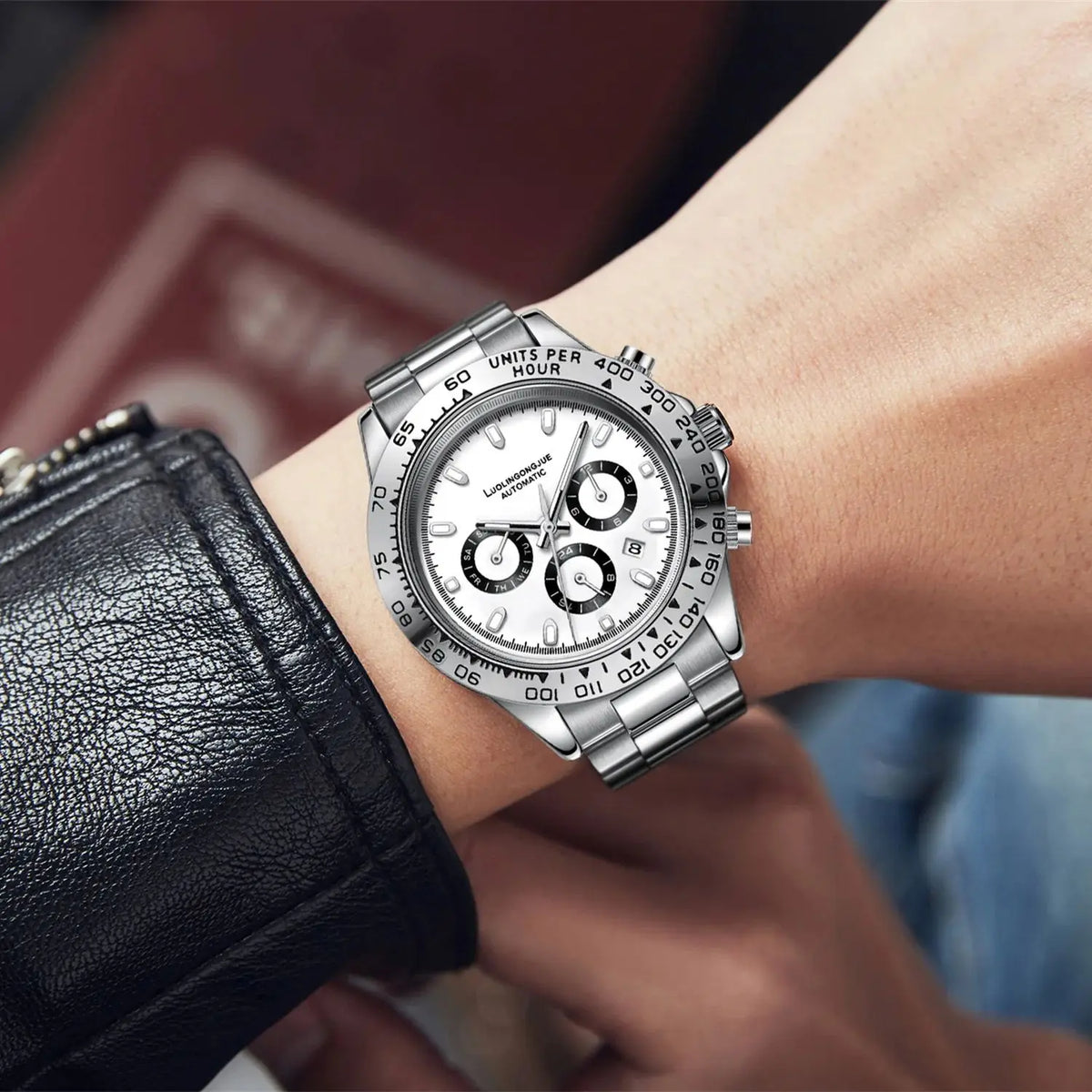 Men's mechanical business watch with silver bracelet and white multifunction dial