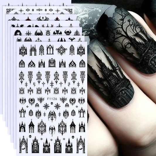 3D Gothic Black Halloween Nail Stickers Cool Design Alphabet Letter Lace Castle Skull Y2K Manicure Decoration Accessories K's Collection Store