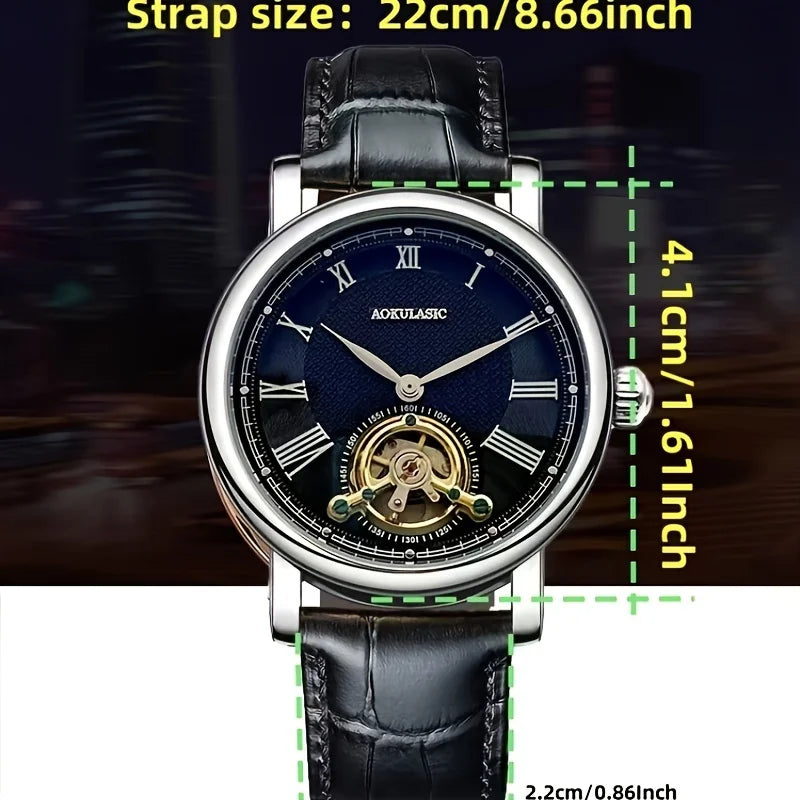 Men's automatic mechanical watch with dark blue dial, gold movement, black leather strap